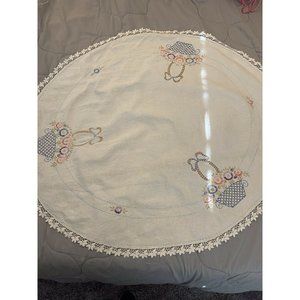 Vintage Hand Embroidered Linen Tablecloth Oval Baskets of Flowers